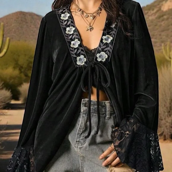 NWT Black Velvet Lace Bell Sleeve Top - Picture 5 of 8